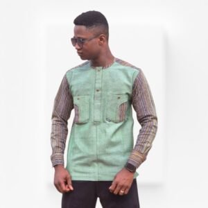 Chemise Homme Vert Chiné – Rayures Multicolores & Identité Forte